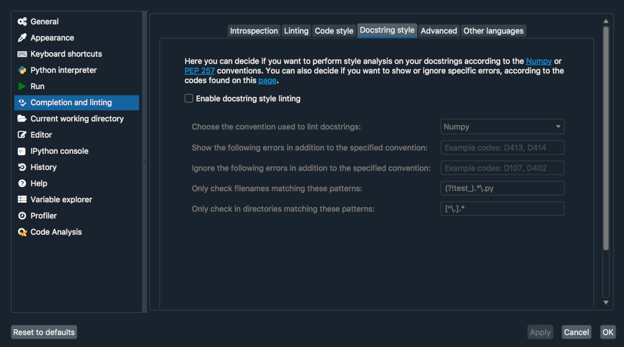 Docstring style preferences in Spyder.